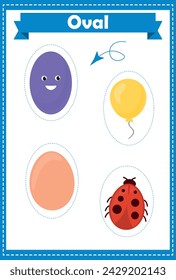 Oval. Shapes study page. Preschool or kindergarten worksheet with different Oval illustrations. 