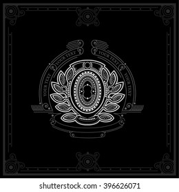 Oval shield with floral wreath monogram template. Elegant line ornament frame. White on black