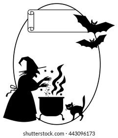 Oval silhouette frame a witch preparing potion in the magic cauldron. Vector clip art.