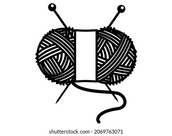 Oval skein of knitting thread with needles and label - vector silhouette illustration for sign or icon. A ball of yarn with knitting needles for a logo or pictogram.