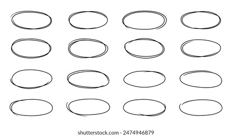 Ovale Skizze, schwarze Linie Ellipse Doodle Zeichnungen. Isolierte Vektorgrafik-Set von handgezeichneten Kritzel-Ovalen, Blasen zu länglichen kreisförmigen Formen. Handgeschriebene Umrissrahmen oder Rahmen für die Textmarkierung