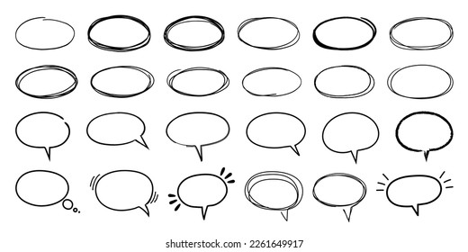 Oval sketch frames. Hand drawn ellipse shape, round doodle speech balloon and scribble highlight vector set. Communication box, circular border for important note or idea, isolated elements