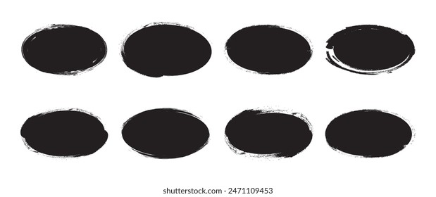 Oval sketch shape, round charcoal banner, ink paint brush, grunge organic blob, irregular stain, black spot isolated on white background. Abstract simple vector illustration