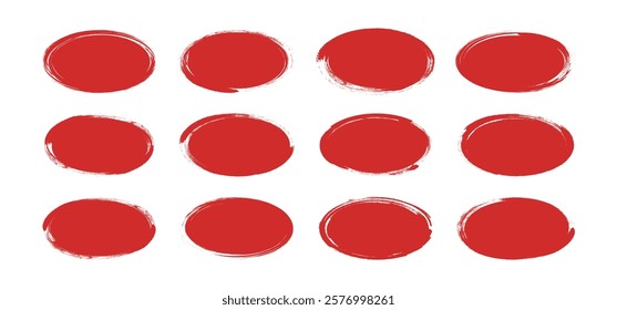 Oval sketch shape, round charcoal banner, ink paint brush ellipse, grunge organic blob, irregular stain, red spot isolated on white background. Abstract simple vector illustration