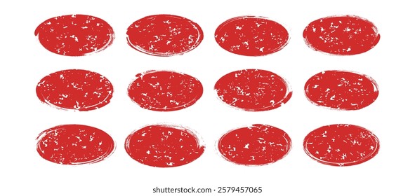 Oval sketch shape, round crayon banner, red ink paint brush ellipse, grunge organic blob, irregular charcoal stain, red chalk spot isolated on white background. Abstract simple vector illustration