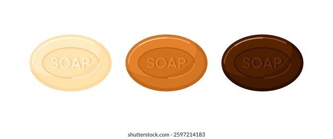 Oval soap bar pieces for bath, shower and spa. Body and hand solid soap with vanilla, cinnamon, caramel, coffee and chocolate, set of vector flat cartoon illustrations isolated on white background