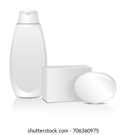 Oval soap with white box adn cosmitic bottle. Realistic mockup package for your design