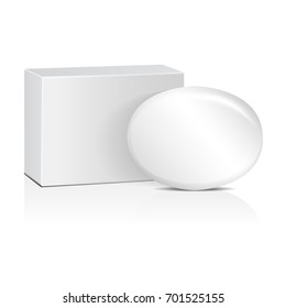 Oval Soap With White Box. Realistic Mockup Package For Your Design