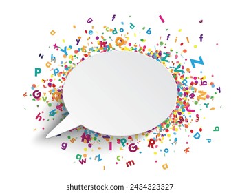 Oval speech bubble with colored letters and confetti on the gray background. Eps 10 vector file.