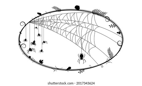 Oval Spiders Web With Plants Brach On White Background. Halloween Background Design Element. Spooky, Scary Horror Decoration Vector