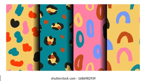 Сircle, oval, spot, leopard print, various shapes and doodle objects. Set of four Abstract contemporary modern trendy vector seamless patterns. Wallpapers. Perfect for textile prints
