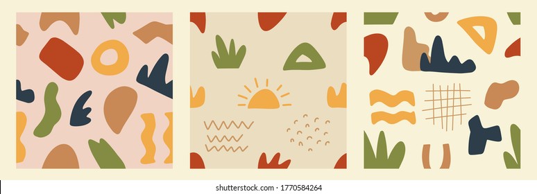 Сircle, oval, spot,  print, various shapes and doodle objects. Set of  Abstract  modern trendy vector seamless patterns. Wallpapers  or textile prints