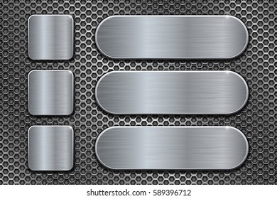 Oval and square brushed metal plates on perforated background. Vector 3d illustration