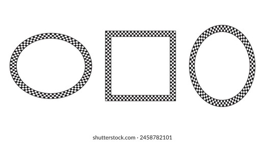 Oval, square and circle frames with checkered print. Elliptic, rectangular and round vignettes with checkerboard, race flag or chess game pattern isolated on white background. Vector illistration.