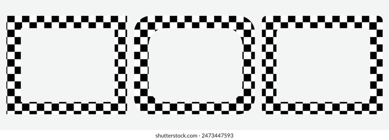 Oval, square and circle frames with checkered print. Elliptic, rectangular and round vignettes with checkerboard, rally flag or chess game pattern isolated background. Rectangle frame with check print