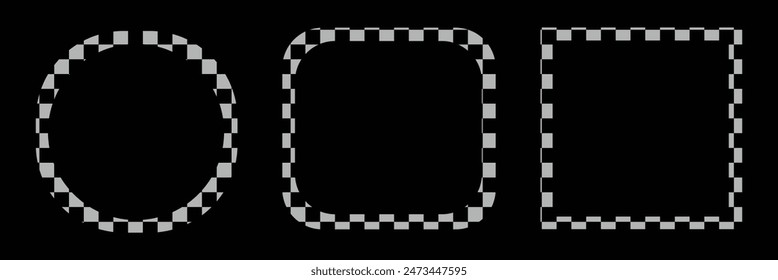 Oval, square and circle frames with checkered print. Elliptic, rectangular and round vignettes with checkerboard, rally flag or chess game pattern isolated background. Rectangle frame with check print