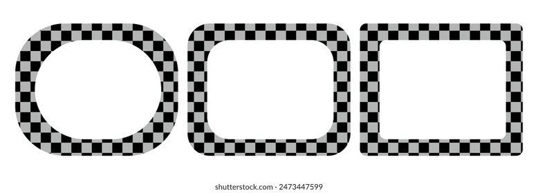 Oval, square and circle frames with checkered print. Elliptic, rectangular and round vignettes with checkerboard, rally flag or chess game pattern isolated background. Rectangle frame with check print