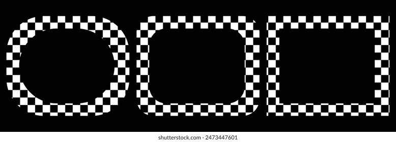 Oval, square and circle frames with checkered print. Elliptic, rectangular and round vignettes with checkerboard, rally flag or chess game pattern isolated background. Rectangle frame with check print