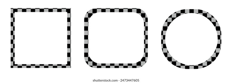 Oval, square and circle frames with checkered print. Elliptic, rectangular and round vignettes with checkerboard, rally flag or chess game pattern isolated background. Rectangle frame with check print