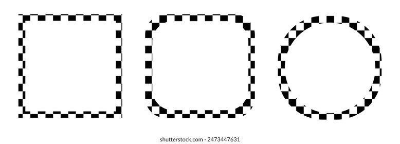 Oval, square and circle frames with checkered print. Elliptic, rectangular and round vignettes with checkerboard, rally flag or chess game pattern isolated background. Rectangle frame with check print