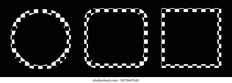 Oval, square and circle frames with checkered print. Elliptic, rectangular and round vignettes with checkerboard, rally flag or chess game pattern isolated background. Rectangle frame with check print