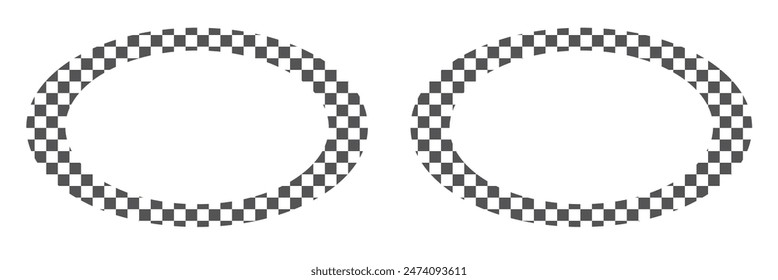 Oval, square and circle frames with checkered print. Elliptic, rectangular and round vignettes with checkerboard, rally flag or chess game pattern isolated on white background. Vector illistration