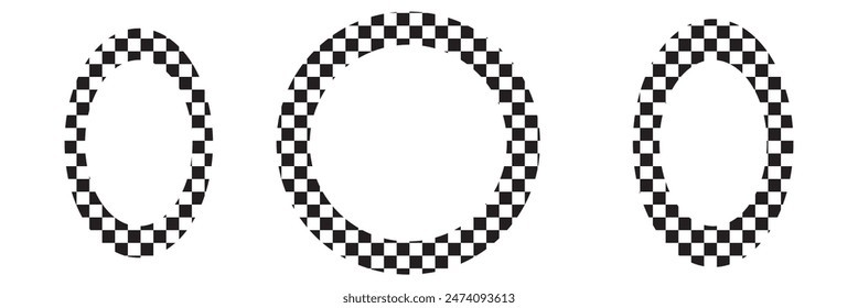 Oval, square and circle frames with checkered print. Elliptic, rectangular and round vignettes with checkerboard, rally flag or chess game pattern isolated on white background. Vector illistration