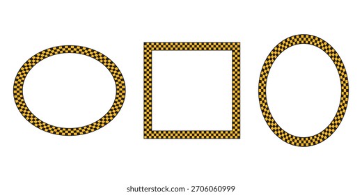 Ovale und quadratische Taxirahmen mit schwarz-gelbem kariertem Druck einzeln auf weißem Hintergrund. Vignette mit Schachbrettmuster. Geometrische Banner-Vorlagen. Vektorgrafik.