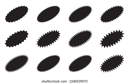 Oval starburst stickers. Black sunburst badges, isolated star price labels set.