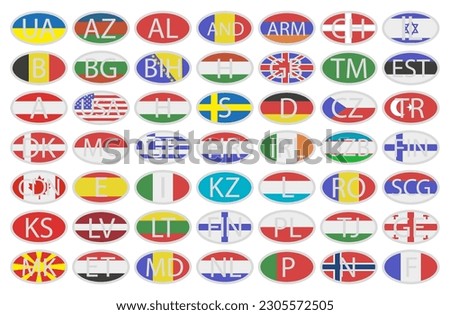 Oval sticker of EU countries and not only with a white border. With country code and country flag. Vector illustration for print or design.