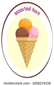 Oval sticker with ice cream assorted in a waffle horn. On a white yellow background with a frame and name
