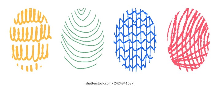 Oval stickers with different textures drawn with marker. Vector naive doodles. Egg shape design elements