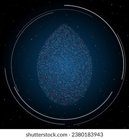 The oval symbol filled with white dots. Pointillism style. Some dots is red. Vector illustration on blue background with stars