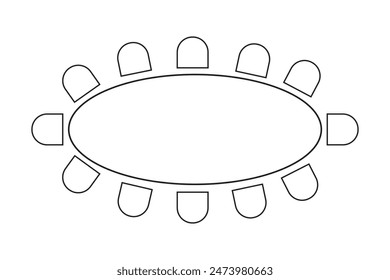 Ovale Tisch und Stühle Symbole isoliert auf weißem Hintergrund. Café oder Restaurant Benutzer Arrangement Paket. Sitzplan für Workplace, Meeting oder Business Training. Grafik-Illustration der Vektorgrafik.