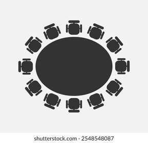 Ícone gráfico da tabela oval para palestras. A mesa e as cadeiras ao redor dele assinam isoladas no fundo branco. Ilustração vetorial