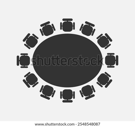 Oval table for talks graphic icon. Table and chairs around him sign isolated on white background. Vector illustration