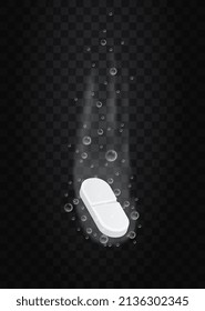 Oval Tablet with bubbles concept Pill or vitamin supplement dissolving in effervescent water. Fizzy solution for treating diseases and strengthening immunity. Cartoon realistic vector illustration