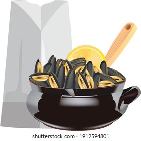 oval terracotta pan with stewed mussels crustaceans