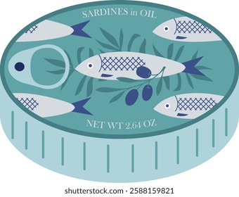 Oval tin can sardines. Aesthetic vector illustration on transparent background. Canned fish artwork. Seafood packaging poster template. Restaurant, cafe, or kitchen wall decor.