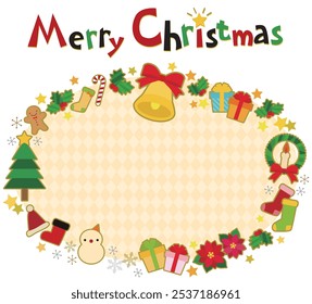 Quadro de título oval com ilustrações de divertidos enfeites de Natal espalhados por toda parte, fundo xadrez bege