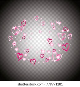 Oval Valentines day background with random hand drawn falling pink hearts on transparent background.