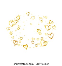 Oval Valentines day background with random hand drawn falling golden hearts isolated on white.
