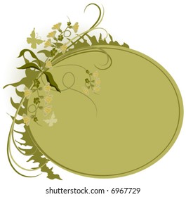 Oval vector background with butterflies,flowers and leaves.
