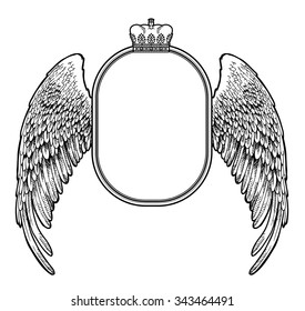 oval vector frame with crown and wings with feathers for design  