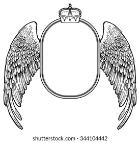 oval vector frame with crown and wings with feathers for design  