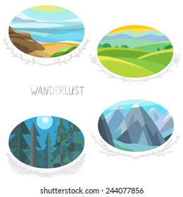 Oval vector icons. Beautiful landscapes. Sea, meadows, forest, mountains