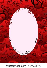 Oval vertical frame with floral elements in red hues, hand drawing vector artwork