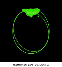 Oval vertical frame with a flowing green slime. Dripping toxic viscous liquid. Vector cartoon illustration