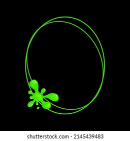 Oval vertical frame with a spill green slime. Dripping toxic viscous liquid. Vector cartoon illustration