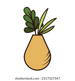 Oval vertical shaped green desk plant leaves in light brown vase vector icon colored isolated on square white background. Simple flat minimalist outlined cartoon drawing. Botanical natural garden art.